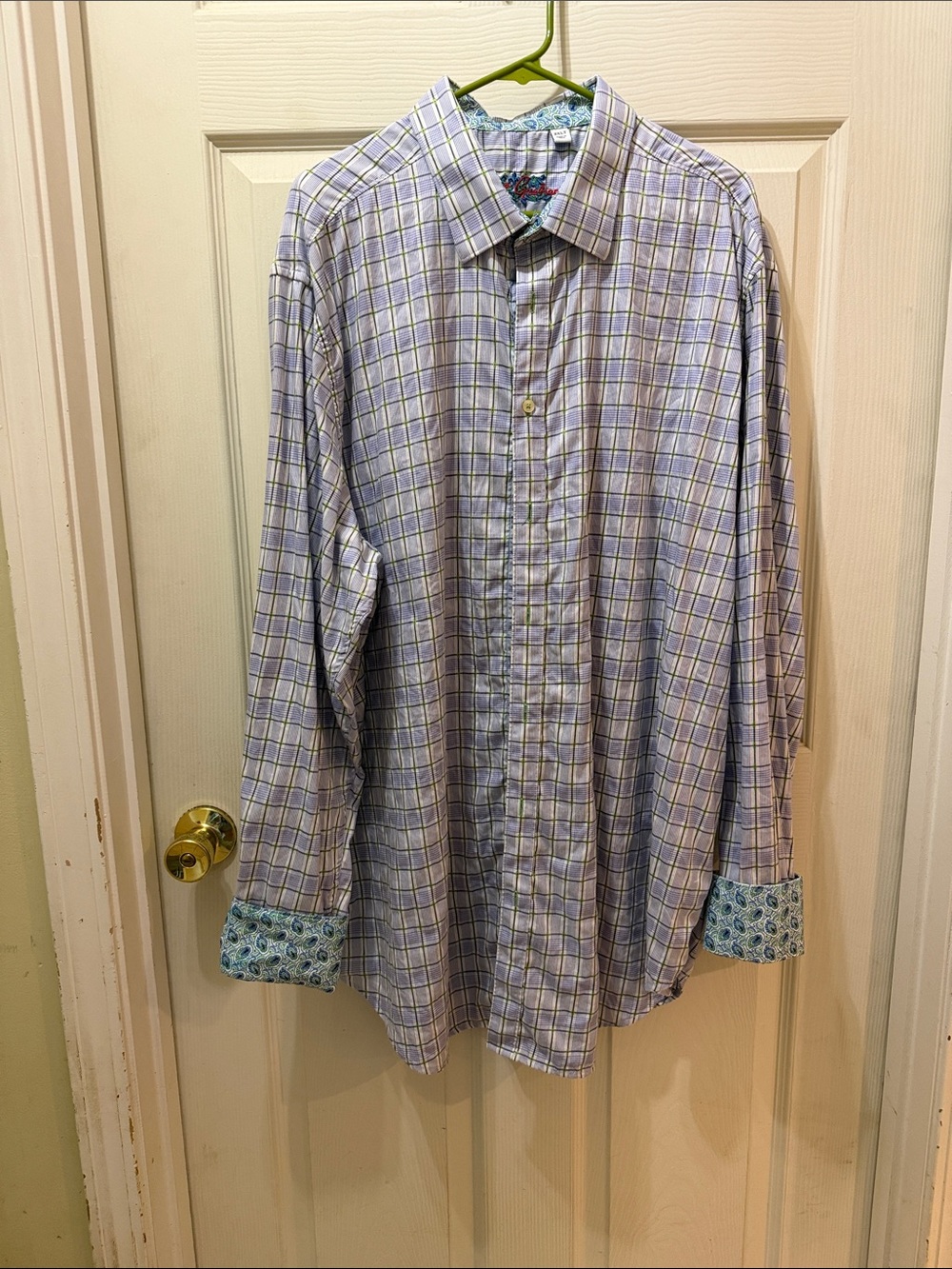 Robert Graham Light Blue Plaid Button-Down Shirt with Contrasting Cuffs